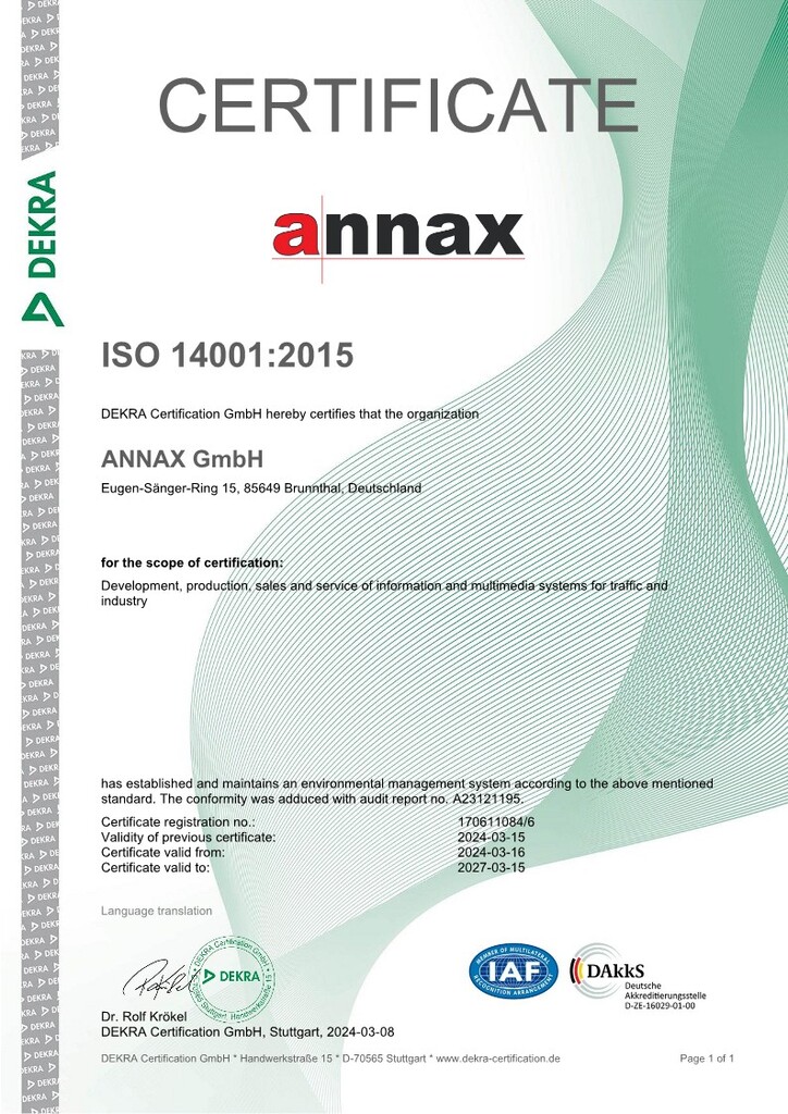 Certificate ISO 14001 - ANNAX for Passenger Information Systems