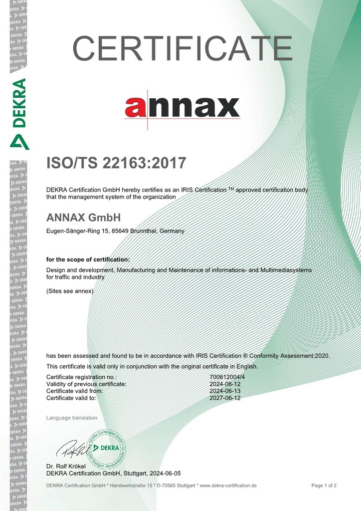 Certificate ISO 22163 / IRIS - ANNAX for Passenger Information Systems