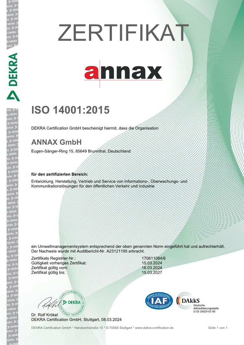 Zertifikat ISO 14001 - ANNAX für Passagier Informationssysteme