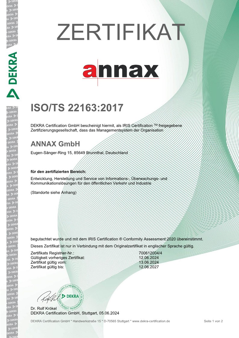 Zertifikat ISO 22163 / IRIS - ANNAX für Passagier Informationssysteme